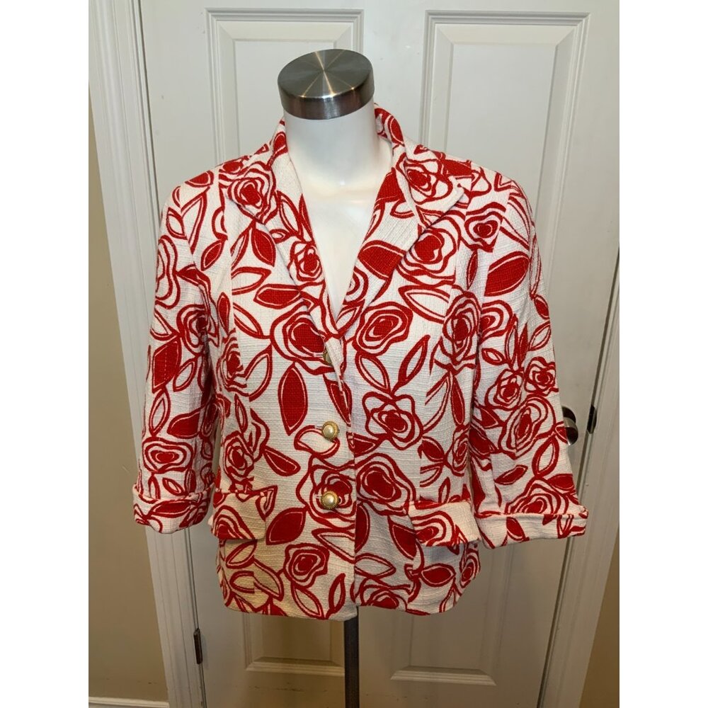 Lafayette 148 New York White Red Rose Floral Print Tweed Blazer, Size 14 Petite